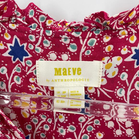 MAEVE by Anthro Spring Floral Top Shirt Size 00P Dark Pink Long Sleeve Button - Picture 2 of 8